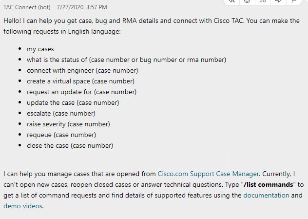 Hello! I can help you get case, bug and RMA details and connect with Cisco TAC. You can make the following requests in English language:
my cases what is the status of (case number or bug number or rma number) connect with engineer (case number) create a virtual space (case number) request an update for (case number) update the case (case number) escalate (case number) raise severity (case number) requeue (case number) close the case (case number)
I can help you manage cases that are opened from Cisco.com Support Case Manager. Currently, I can't open new cases, reopen closed cases or answer technical questions. Type "/list commands" to get a list of command requests and find details of supported features using the documentation and demo videos.